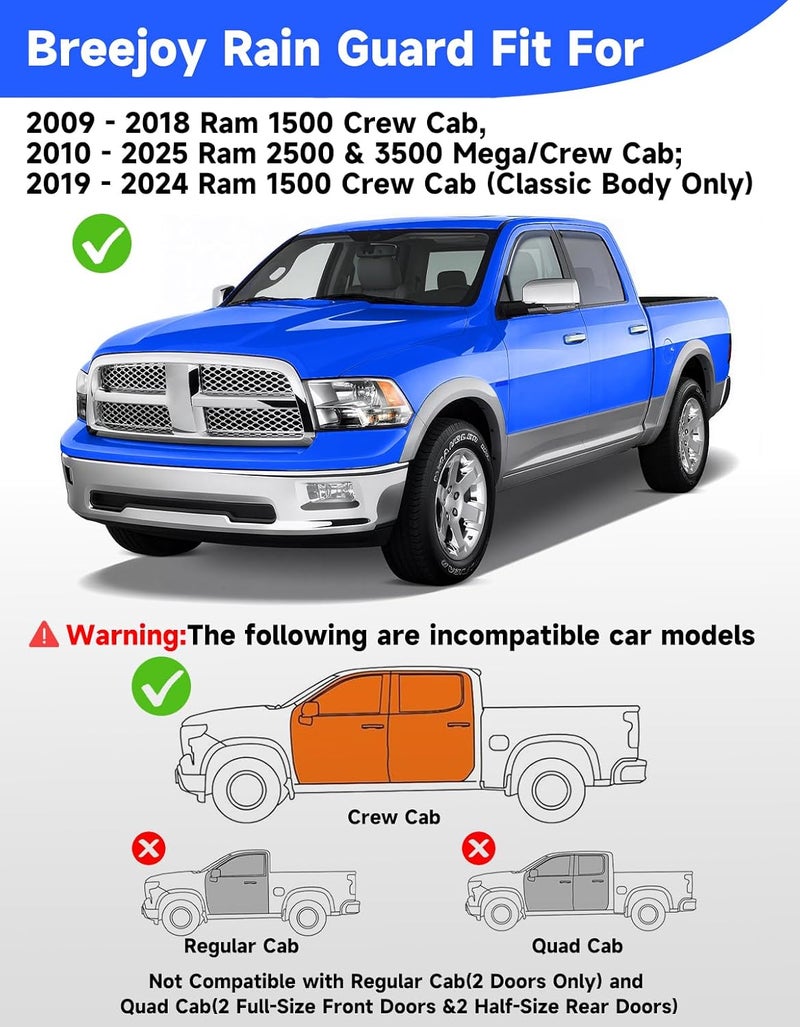 Breejoy in-Channel Rain Guards Fit for Truck Dodge RAM 2009-2018 Crew Cab Mega Cab Window Rain Guards Visors Vent Visors Window Deflector Vent Shades Car Accessories -4 pcs - Image 3